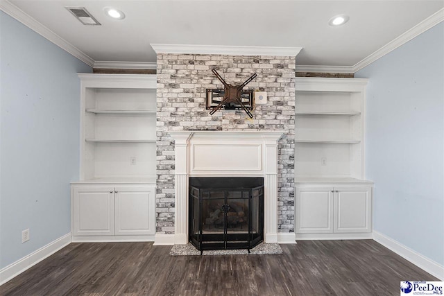 unfurnished living room with ornamental molding and dark hardwood / wood-style floors