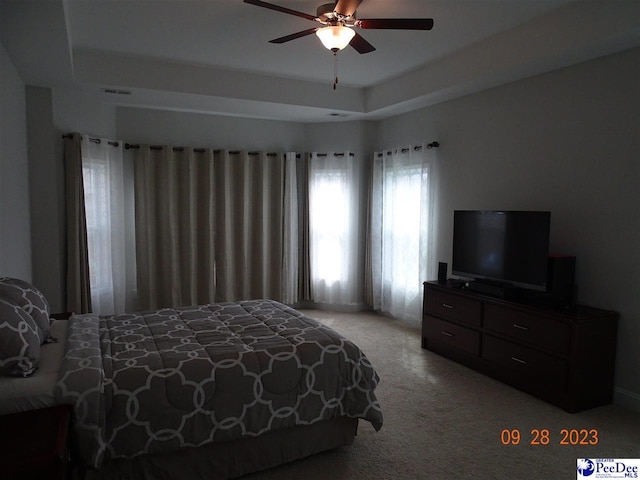 1671 Lake Wateree Dr, Florence, SC 29501 - bedroom with carpet, a tray ceiling, and ceiling fan