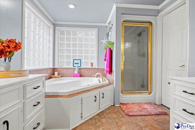 bathroom featuring vanity, tile patterned floors, ornamental molding, and plus walk in shower