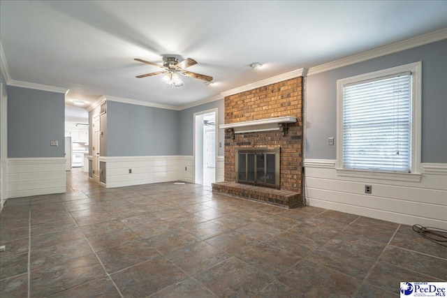 3309 W Forest Lake Dr, Florence, SC 29501 - unfurnished living room with a brick fireplace, ornamental molding, and ceiling fan