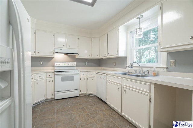 3309 W Forest Lake Dr, Florence, SC 29501 - kitchen featuring sink, white appliances, decorative light fixtures, and white cabinets