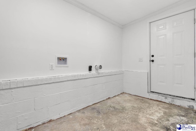 laundry area with laundry area, washer hookup, concrete block wall, and crown molding