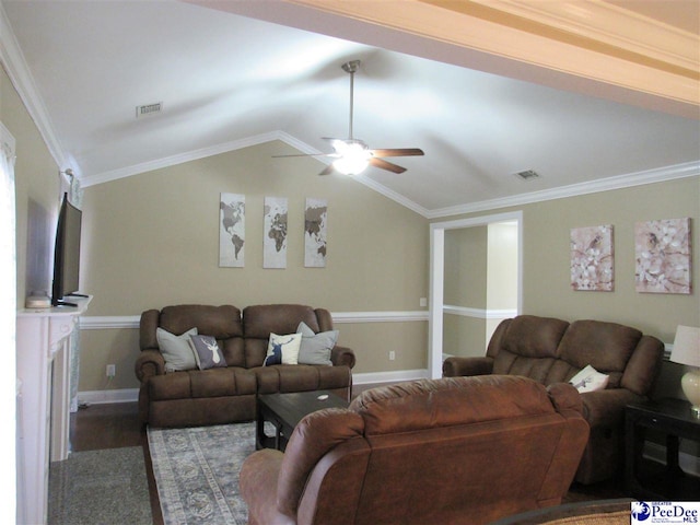 living area with visible vents, ornamental molding, a ceiling fan, and vaulted ceiling