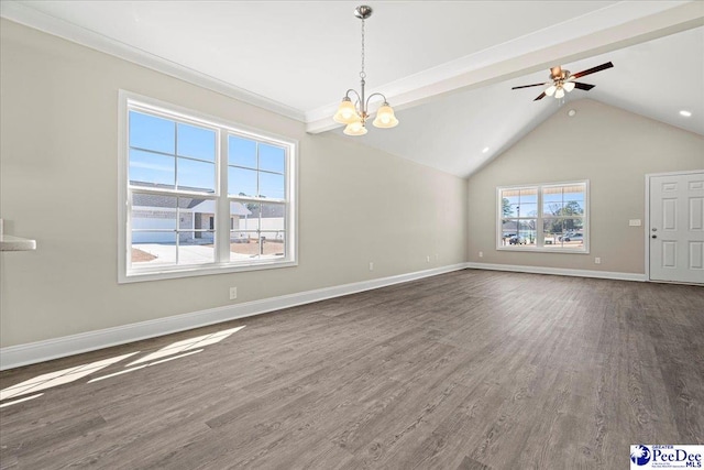 unfurnished living room with vaulted ceiling, dark wood finished floors, baseboards, and ceiling fan with notable chandelier