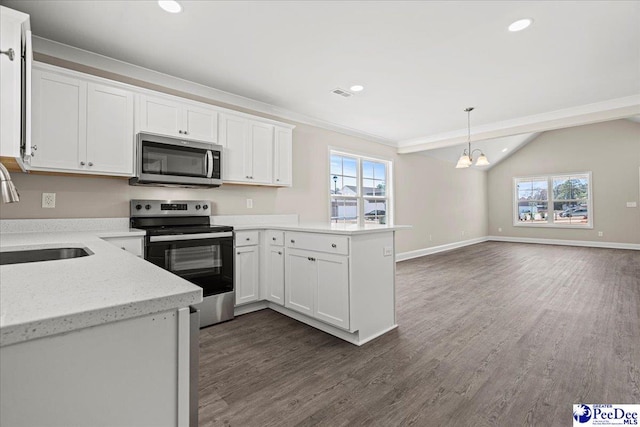 kitchen with lofted ceiling, stainless steel appliances, dark wood-type flooring, a peninsula, and a sink