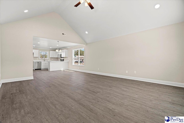 unfurnished living room featuring high vaulted ceiling, visible vents, baseboards, a ceiling fan, and dark wood-style floors