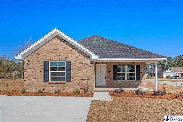 view of front facade with crawl space and roof with shingles