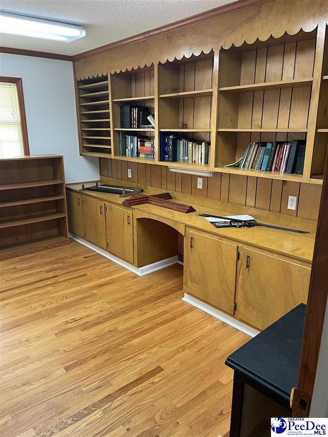 1840 New Zion Rd, Lake City, SC 29560 - unfurnished office with light wood-type flooring, a textured ceiling, built in desk, and crown molding