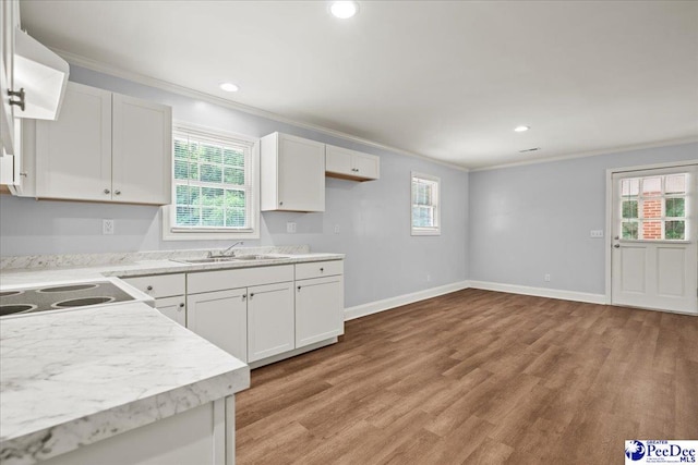 434 Heidi Dr, Pamplico, SC 29583 - kitchen featuring a sink, crown molding, white cabinetry, light wood finished floors, and baseboards