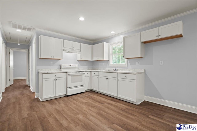 434 Heidi Dr, Pamplico, SC 29583 - kitchen featuring white range with electric stovetop, under cabinet range hood, crown molding, baseboards, and white cabinets