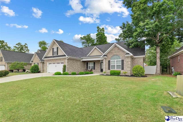 view of front of home featuring brick siding, a front yard, and concrete driveway