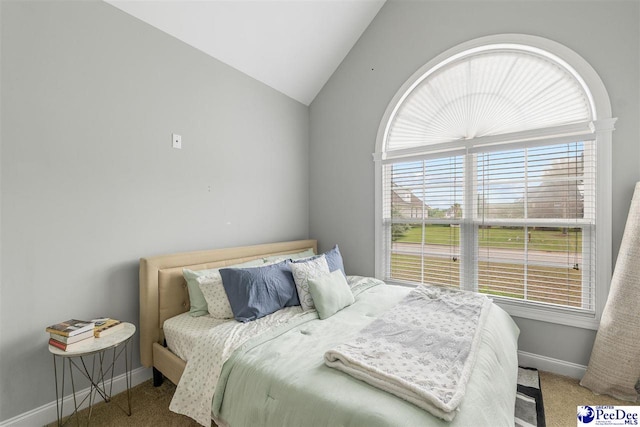 carpeted bedroom with baseboards and lofted ceiling
