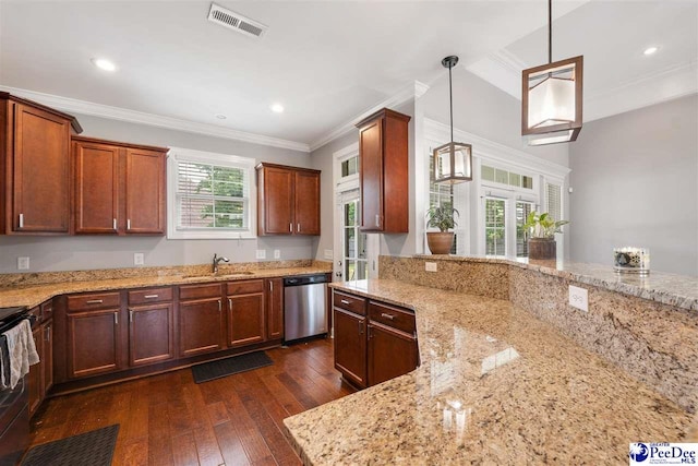 kitchen featuring light stone countertops, dishwasher, a sink, visible vents, and crown molding