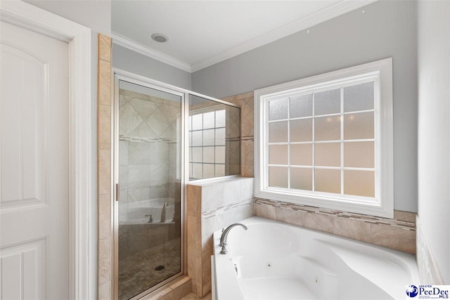 bathroom with a shower stall, a whirlpool tub, and ornamental molding