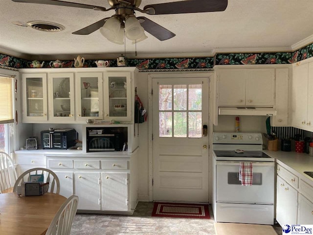 kitchen with white cabinetry, ceiling fan, white electric range, and a textured ceiling