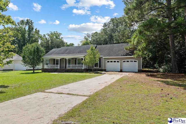 single story home featuring a porch, a garage, and a front lawn