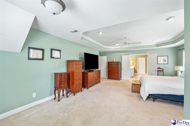 3326 Tennyson Dr, Florence, SC 29501 - bedroom with crown molding, light colored carpet, a raised ceiling, ceiling fan, and recessed lighting