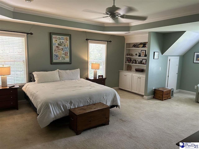 3326 Tennyson Dr, Florence, SC 29501 - bedroom featuring ornamental molding, light carpet, and ceiling fan