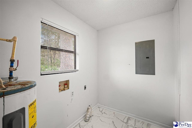 548 Mciver Rd, Florence, SC 29506 - laundry area featuring electric panel, washer hookup, marble finish floor, laundry area, and water heater