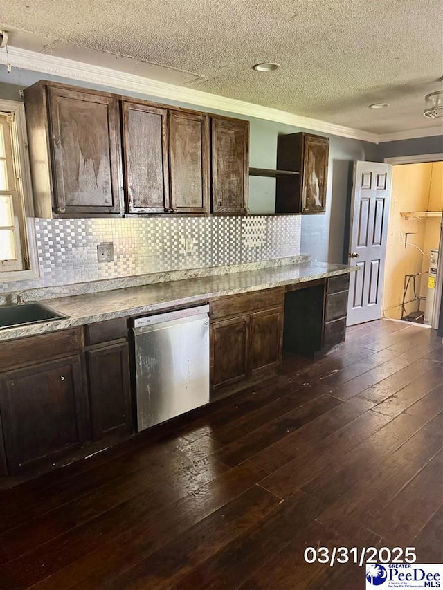 kitchen featuring ornamental molding, backsplash, dishwasher, dark wood-style floors, and a textured ceiling