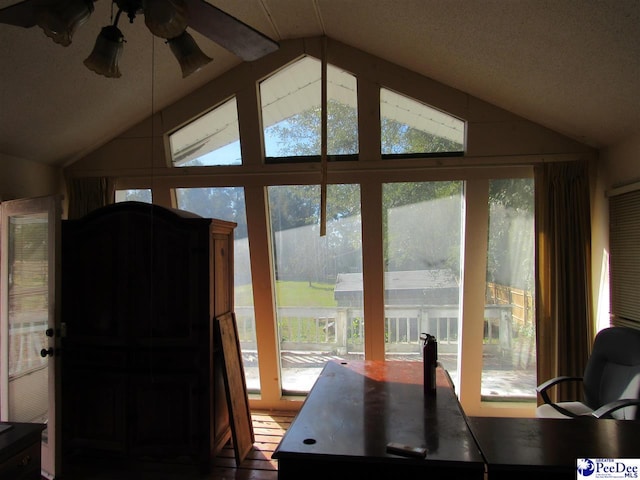 interior space with vaulted ceiling, plenty of natural light, and ceiling fan