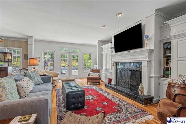 130 Nez Perce Dr, Darlington, SC 29532 - living room featuring light wood finished floors, french doors, crown molding, and a fireplace