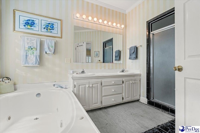 130 Nez Perce Dr, Darlington, SC 29532 - full bathroom featuring wallpapered walls, ornamental molding, a tub with jets, double vanity, and a shower stall