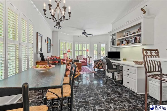 130 Nez Perce Dr, Darlington, SC 29532 - dining area with a ceiling fan, built in study area, a chandelier, ornamental molding, and dark marble finish floors