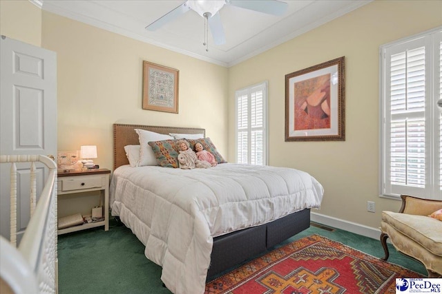 130 Nez Perce Dr, Darlington, SC 29532 - bedroom featuring dark carpet, crown molding, and a ceiling fan