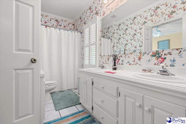 130 Nez Perce Dr, Darlington, SC 29532 - full bath with wallpapered walls, ornamental molding, double vanity, a ceiling fan, and a shower with shower curtain