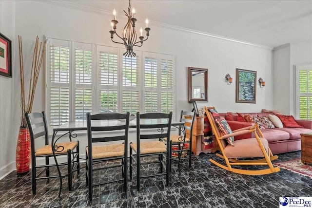 130 Nez Perce Dr, Darlington, SC 29532 - dining space with crown molding, a chandelier, and marble finish flooring