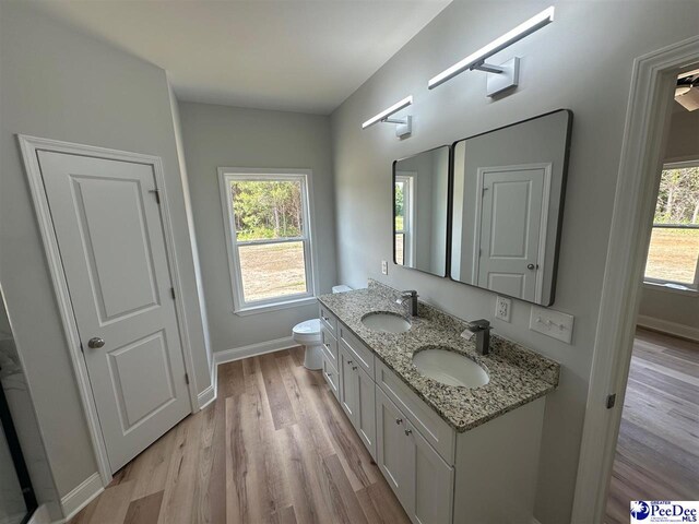 7845 E National Cemetery Rd, Florence, SC 29506 - bathroom featuring baseboards, wood finished floors, double vanity, and toilet