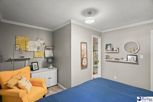 carpeted bedroom featuring baseboards and ornamental molding