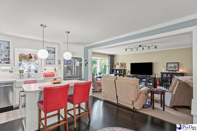 dining space with rail lighting, dark wood-type flooring, and ornamental molding