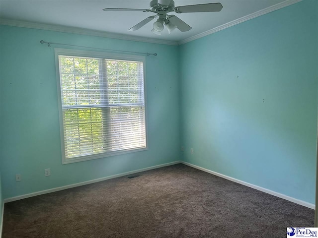 2143 Glenmore Way, Florence, SC 29505 - spare room featuring ceiling fan, ornamental molding, and dark carpet