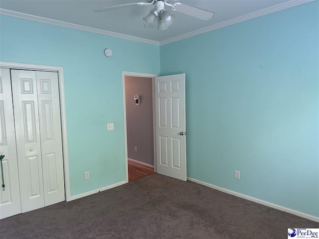 2143 Glenmore Way, Florence, SC 29505 - unfurnished bedroom with carpet, crown molding, a closet, and ceiling fan