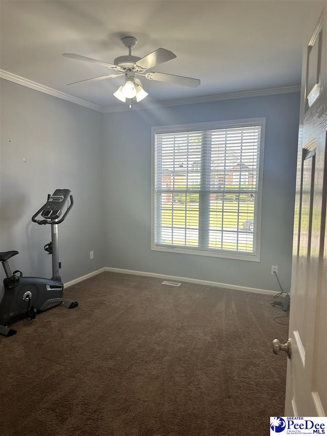 2143 Glenmore Way, Florence, SC 29505 - workout area with carpet floors, crown molding, and a ceiling fan
