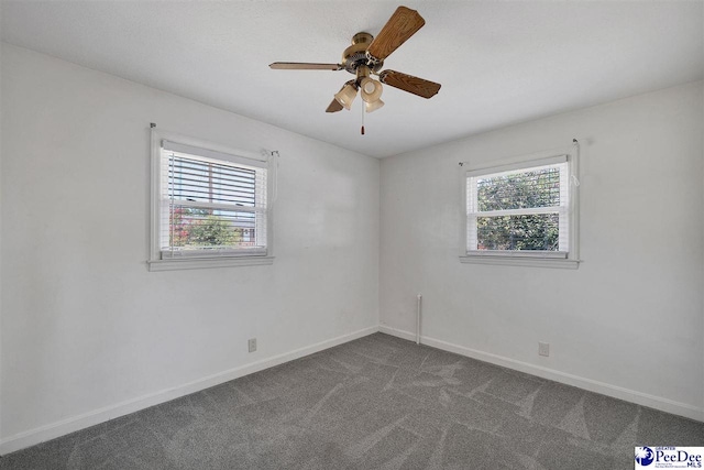 carpeted empty room with a wealth of natural light and ceiling fan