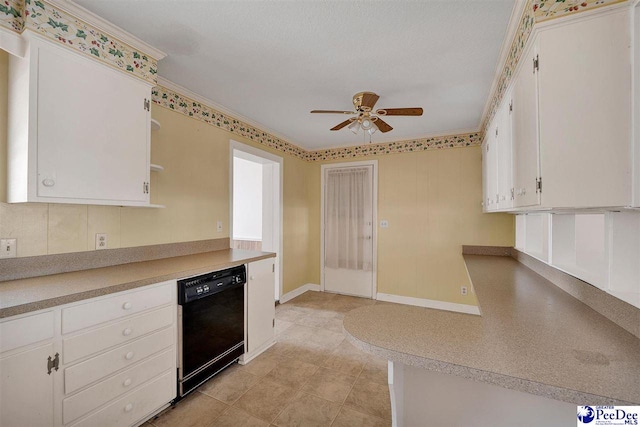 kitchen with ceiling fan, black dishwasher, white cabinetry, and crown molding