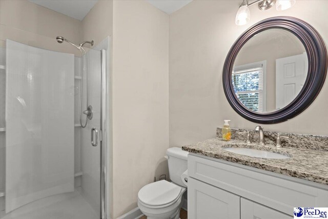 bathroom with vanity, a stall shower, and toilet