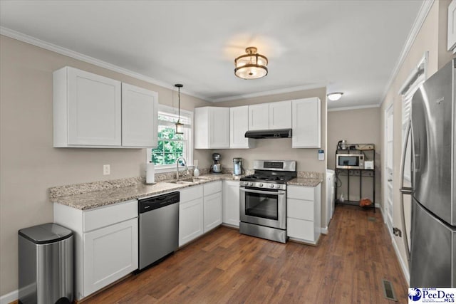 kitchen with under cabinet range hood, white cabinetry, appliances with stainless steel finishes, and a sink