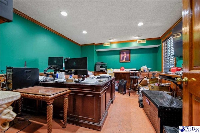 office with a textured ceiling, recessed lighting, and crown molding