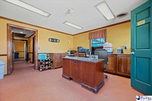 home office with a textured ceiling, visible vents, crown molding, and light colored carpet