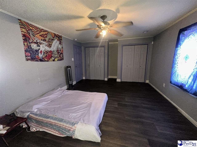 17 Shuler Dr, Sumter, SC 29150 - bedroom with wood finished floors, two closets, a textured ceiling, ceiling fan, and ornamental molding
