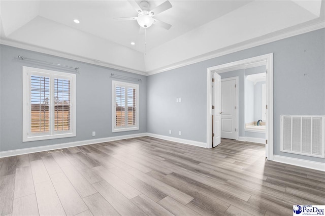 unfurnished room with wood finished floors, baseboards, visible vents, recessed lighting, and ceiling fan