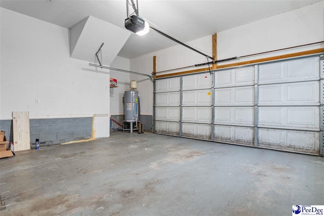 garage featuring a garage door opener and water heater