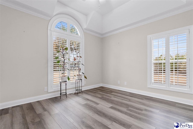 unfurnished room with baseboards and wood finished floors