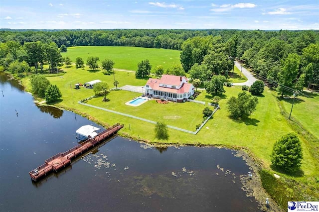 aerial view featuring a rural view and a water view