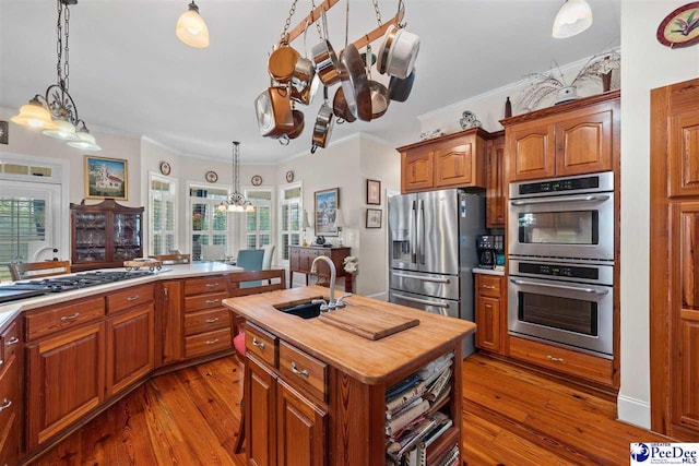 kitchen with sink, a chandelier, an island with sink, pendant lighting, and stainless steel appliances