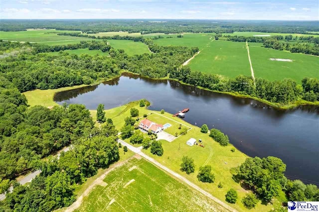 bird's eye view featuring a rural view and a water view